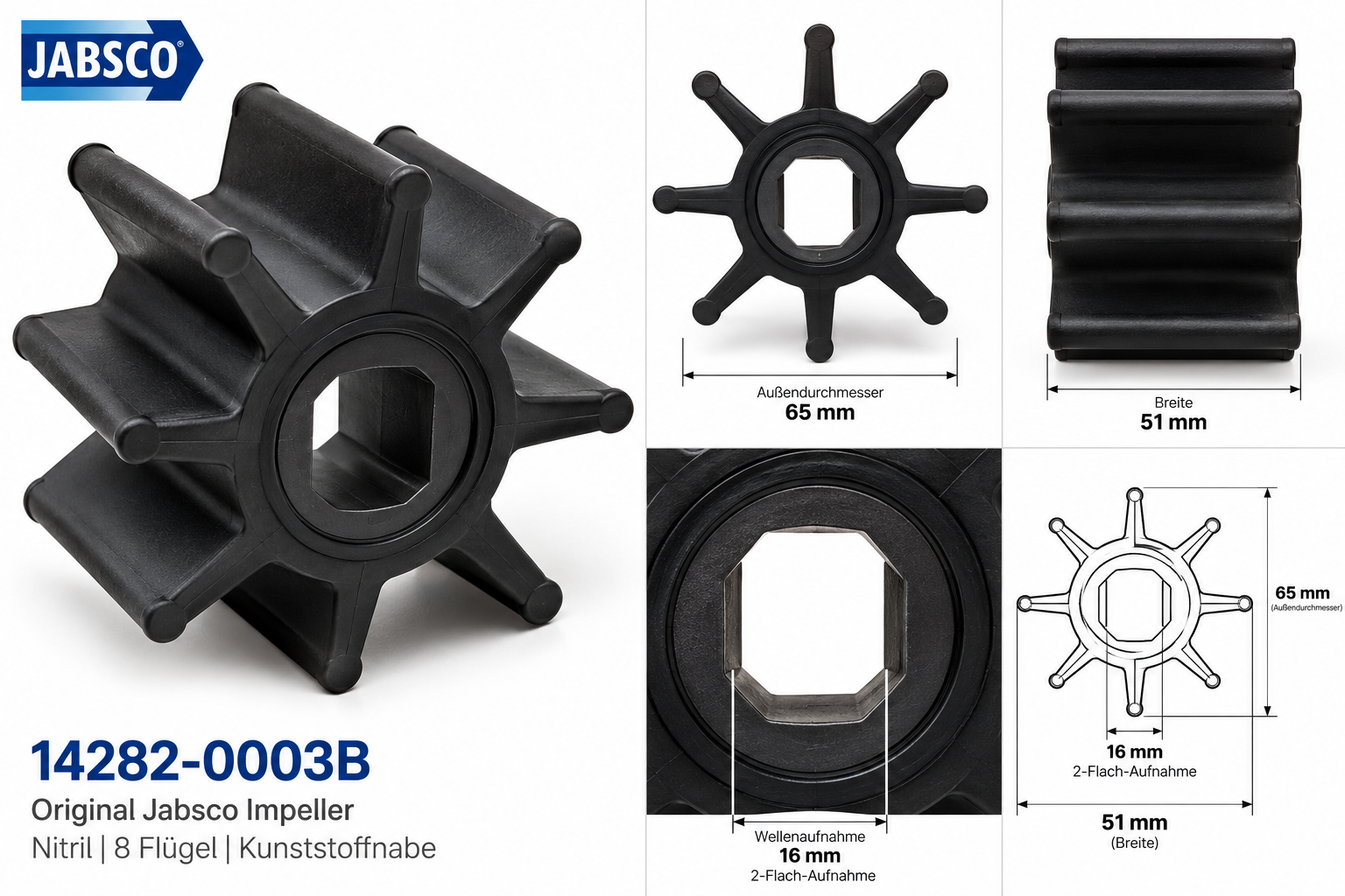 Jabsco Impeller BG080 NIT 2FL technische Zeichnung mit Maßangaben