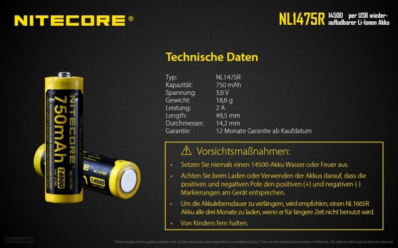 Nitecore Li-Ion Akku Typ 14500 - 750mAh - NL1475R