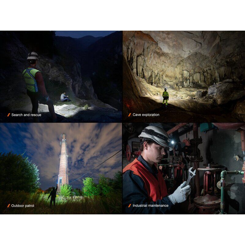 Vier Bilder zeigen die Fenix HM71R V2.0 LED Stirnlampe bei Such- und Rettungseinsätzen, Höhlenerkundungen, Patrouillen und