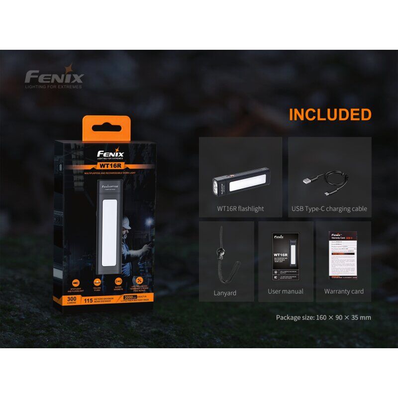 Fenix WT16R LED Taschenlampe in Verpackung mit dem kompletten Lieferumfang wie Kabel und Handschlaufe