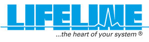Das Lifeline Markenlogo mit blauem Schriftzug und integrierter Pulskurve sowie dem Slogan the heart of your system