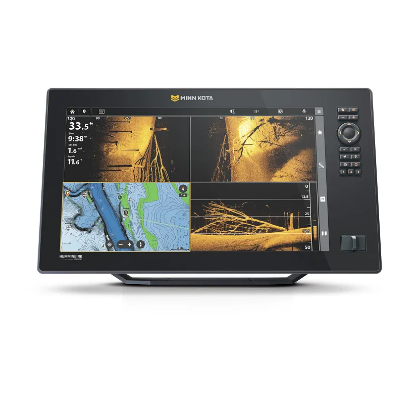 Das Minn Kota X16 Echolot Display zeigt verschiedene Sonaransichten und Seekarten.
