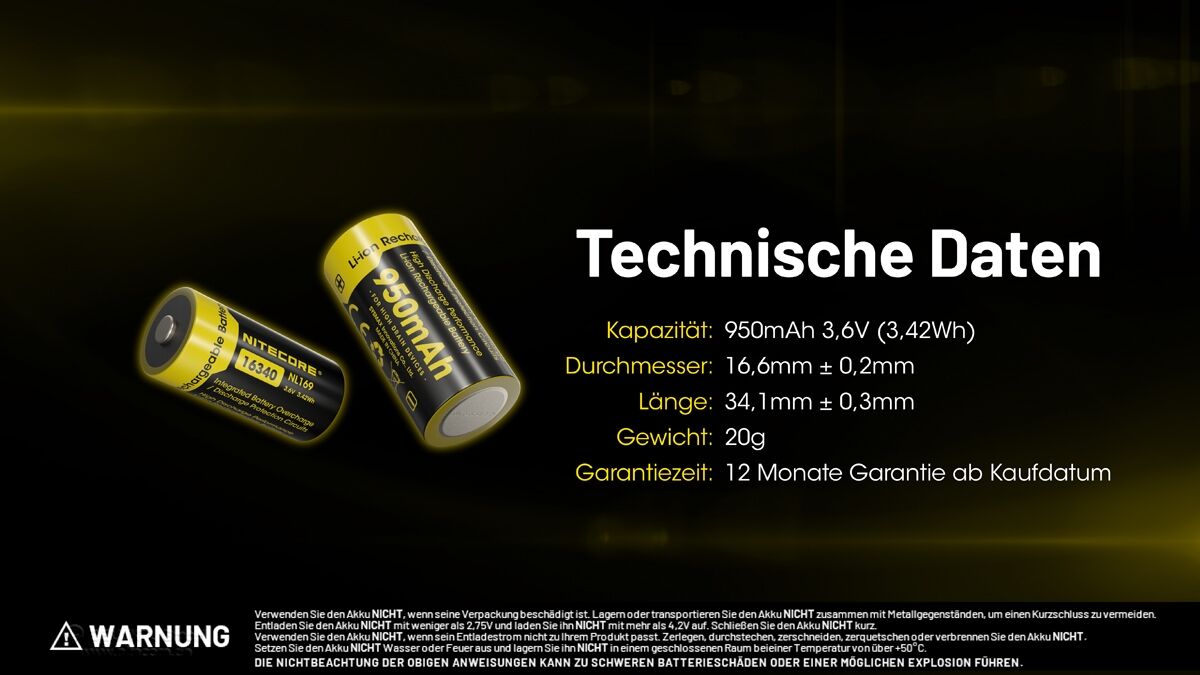 Nitecore Li-Ion Akku 16340, 950mAh - NL169