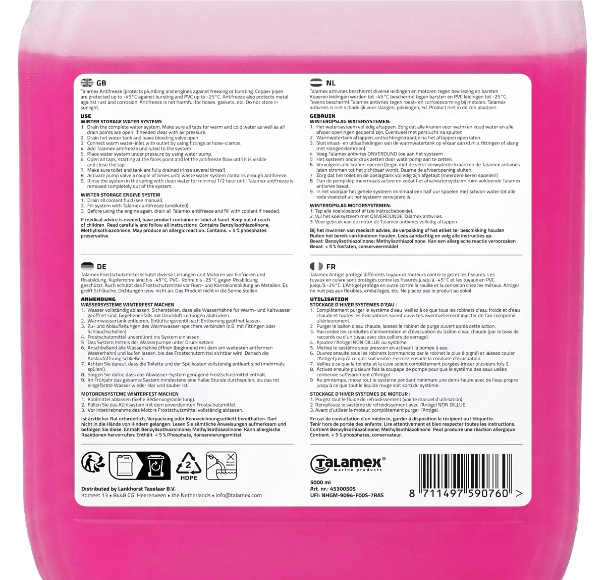 Talamex Bio-Frostschutz für Boote 5 L – gebrauchsfertig bis −45 °C