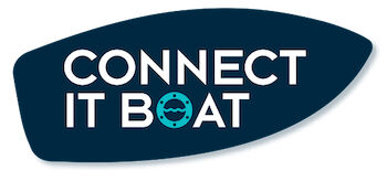 Das dunkelblaue Logo der Marke Connect it boat mit weißer Schrift und türkisfarbenem Bullauge.