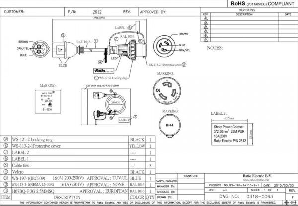 Ratio Landanschlusskabel Amerikanische Norm auf CEE 230V 16A Länge: 25m