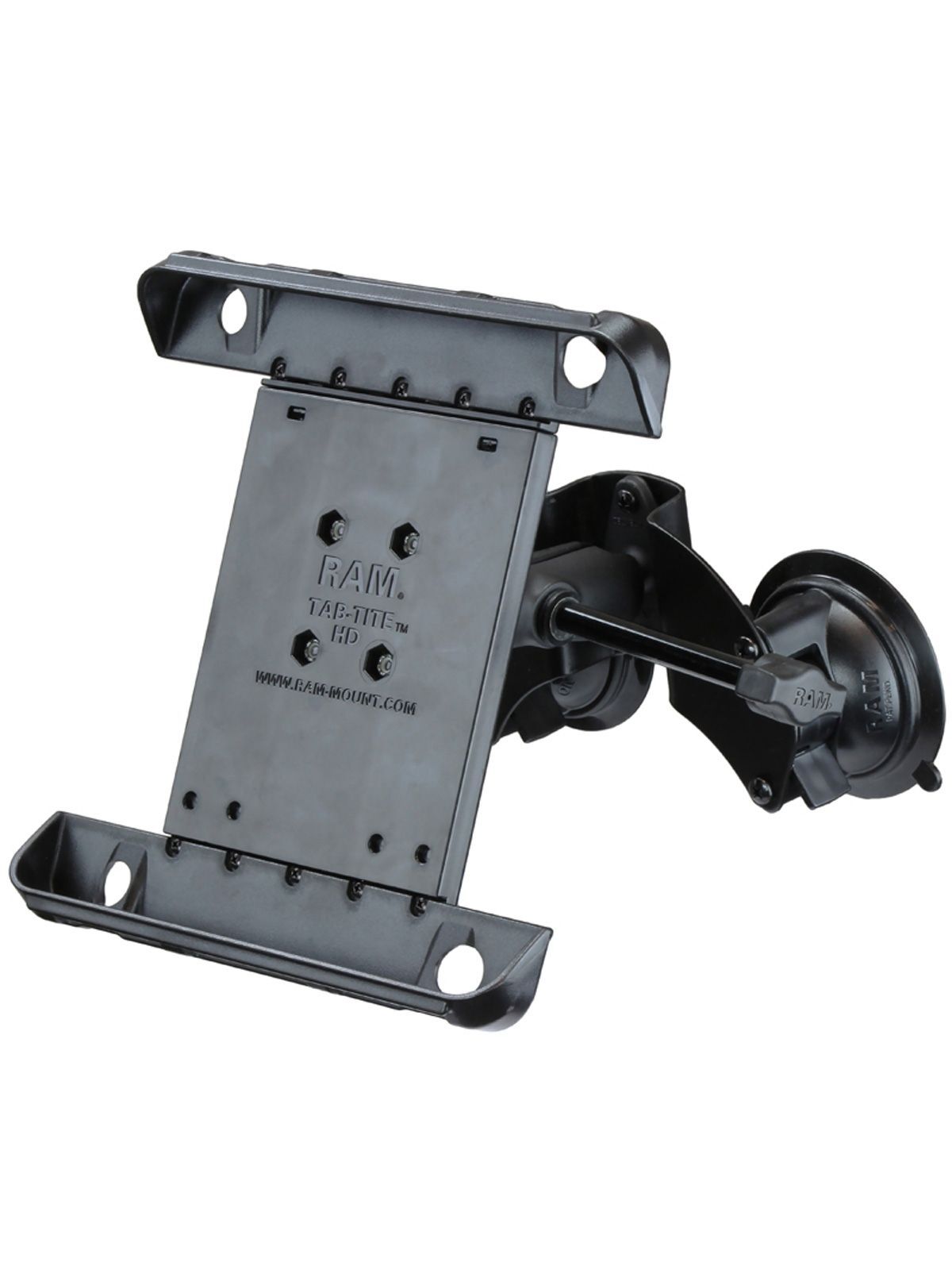 RAM Mounts Doppel-Saugfuss-Halterung für Apple iPad 1-4 - B-Kugel (1 Zoll), Tab-Tite Halteschale, mittlerer Verbindungsarm (langer Feststellhebel)