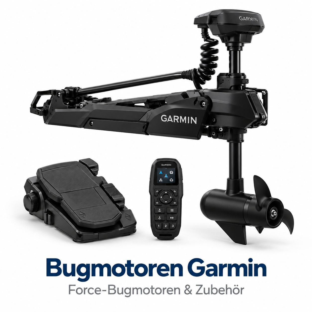 Garmin Force Bugmotor mit Halterung, Fernbedienung und Fußpedal vor weißem Hintergrund.