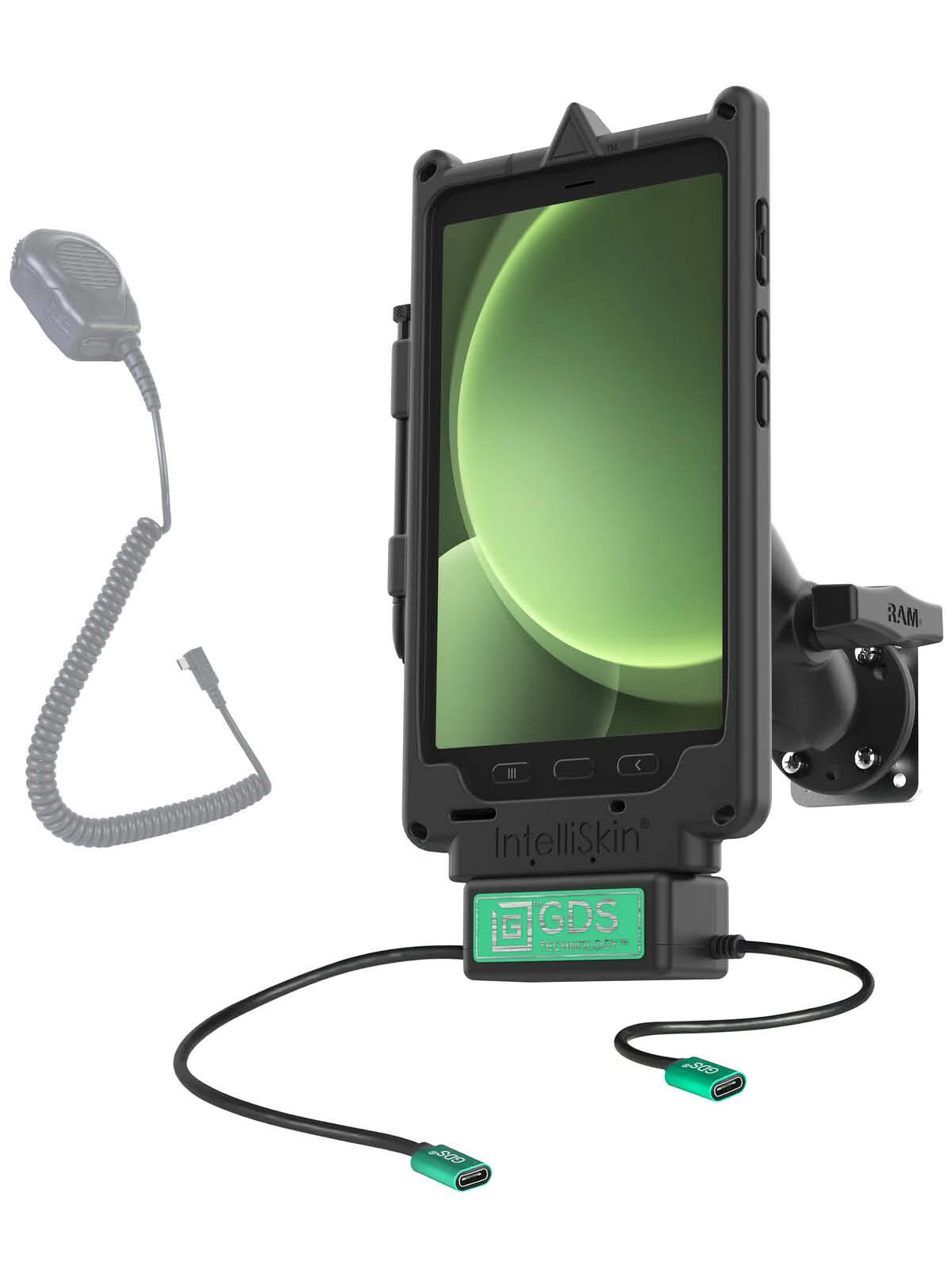 RAM Mounts GDS Uni-Conn Klein VALOR PTT Fahrzeug-Kit für Samsung Tab Active5 - Dual USB-C-Anschluss - C-Kugel (1,5 Zoll)
