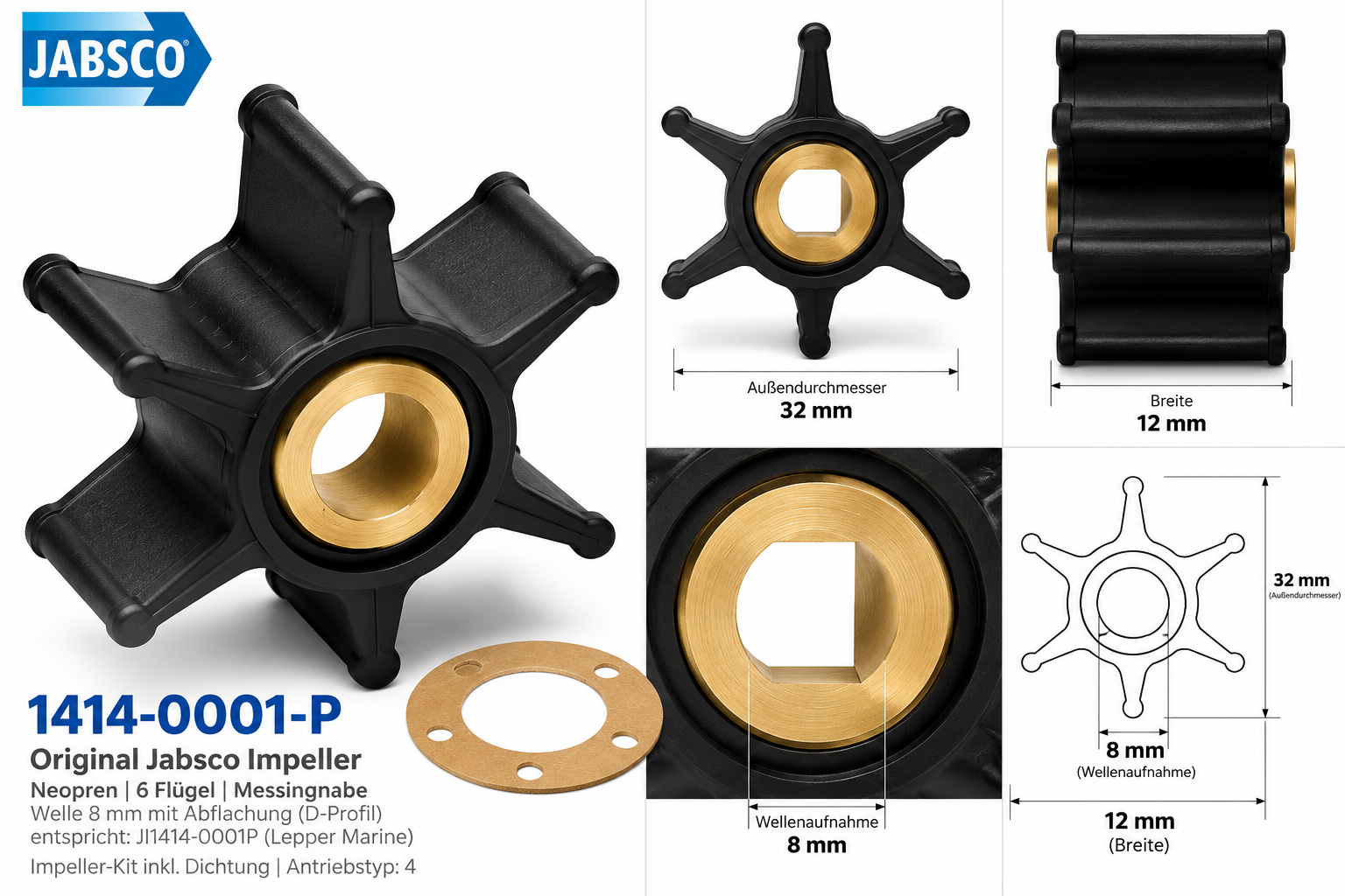 Jabsco Impeller-Kit Neopren/Ms 32mm mit 6 Flügeln in einer Maßzeichnung.