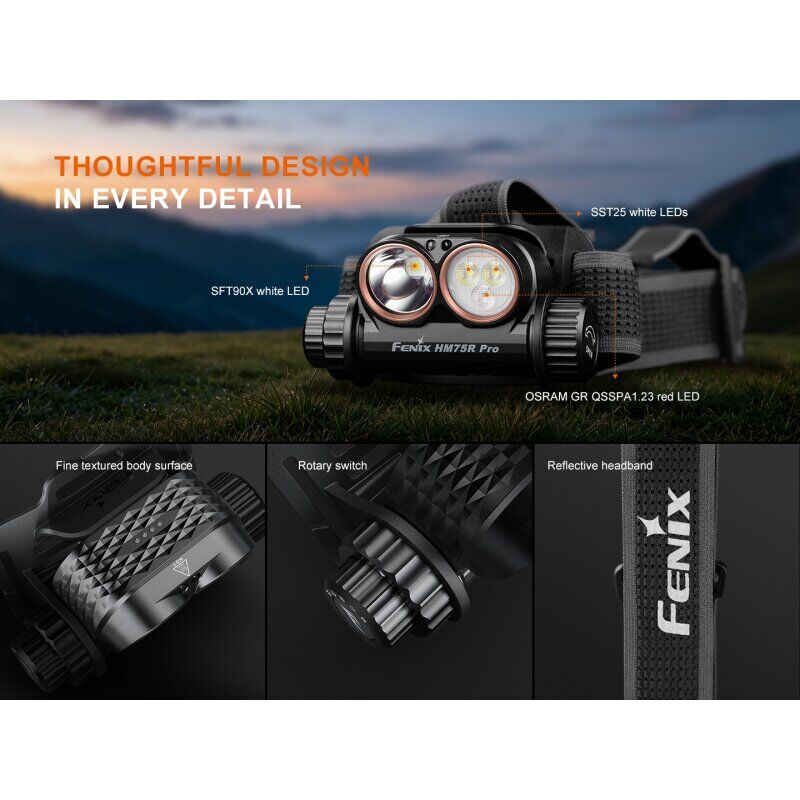Fenix HM75R Pro Magnesium Stirnlampe mit Detailansichten zu LED, Drehschalter und reflektierendem Stirnband vor Naturkulisse.