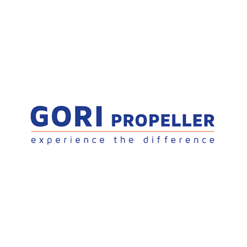 Das blaue Markenlogo von Gori Propeller mit dem Slogan experience the difference auf weißem Grund.