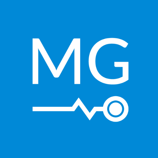 Das weiße Logo der Marke MG Energy Systems auf blauem Hintergrund mit einem Stethoskop-Symbol.