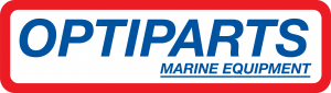 Das blaue Markenlogo von Optiparts Marine Equipment auf weißem Grund mit rotem Rahmen.