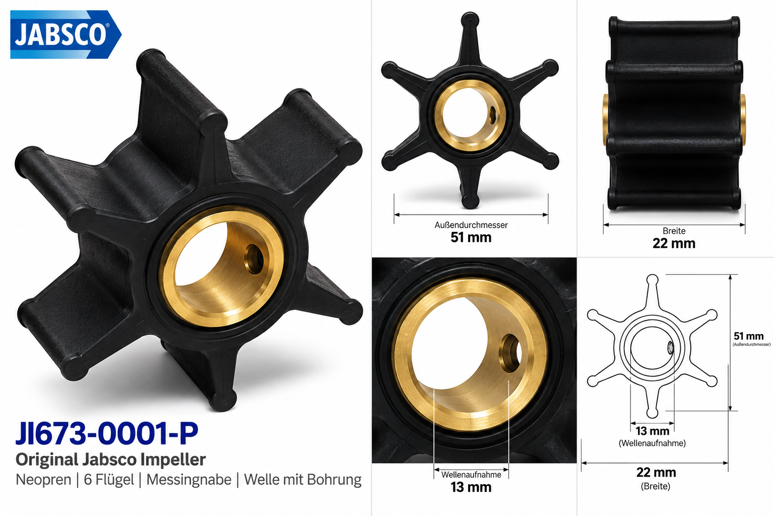 Jabsco Impeller-Kit Neopren/Ms 51mm, Detailansicht mit Massen.