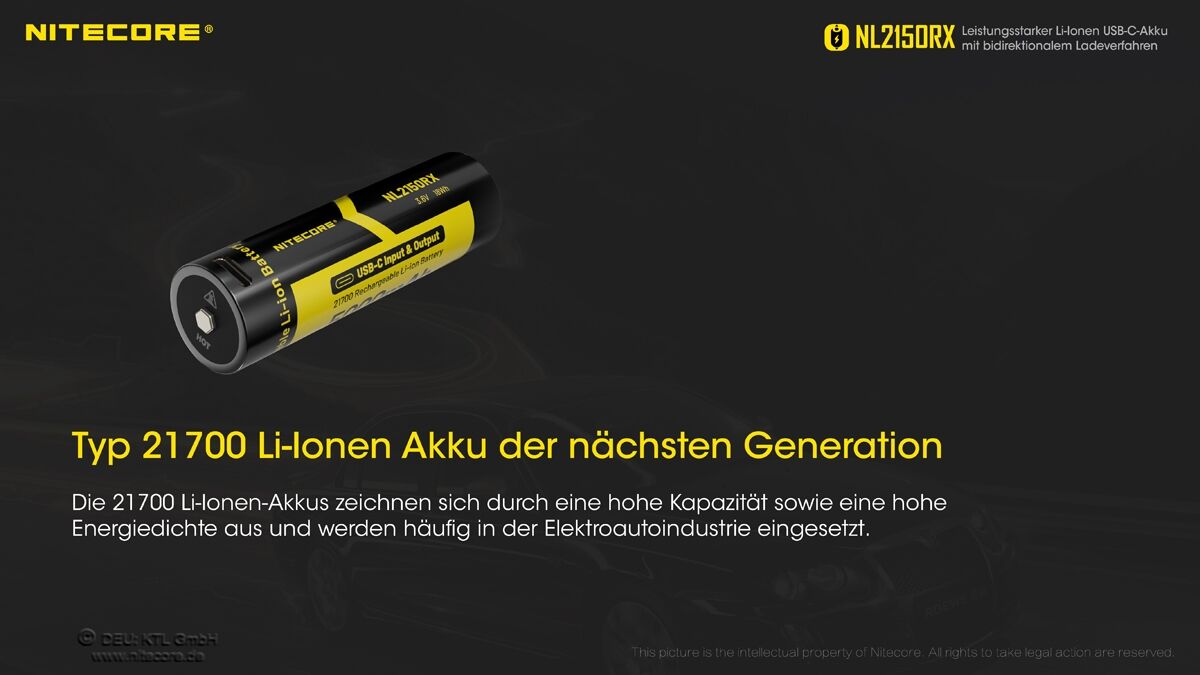 Nitecore Li-Ion Akku Typ 21700 - 5000mAh - NL2150RX mit Powerbank-Funktion