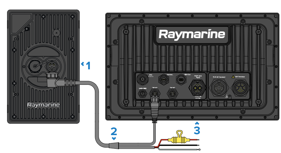 Schemazeichnung eines Raymarine Alpha Netzwerks mit zwei verbundenen Geraeten und Stromkabeln