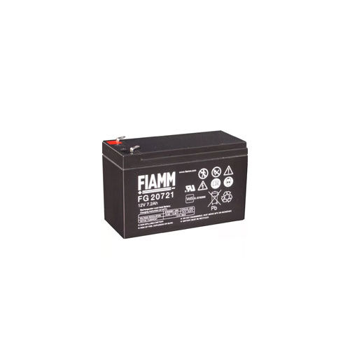 Schwarze FIAMM FG 20721 Bleibatterie mit 12V und 7,2Ah auf weißem Hintergrund