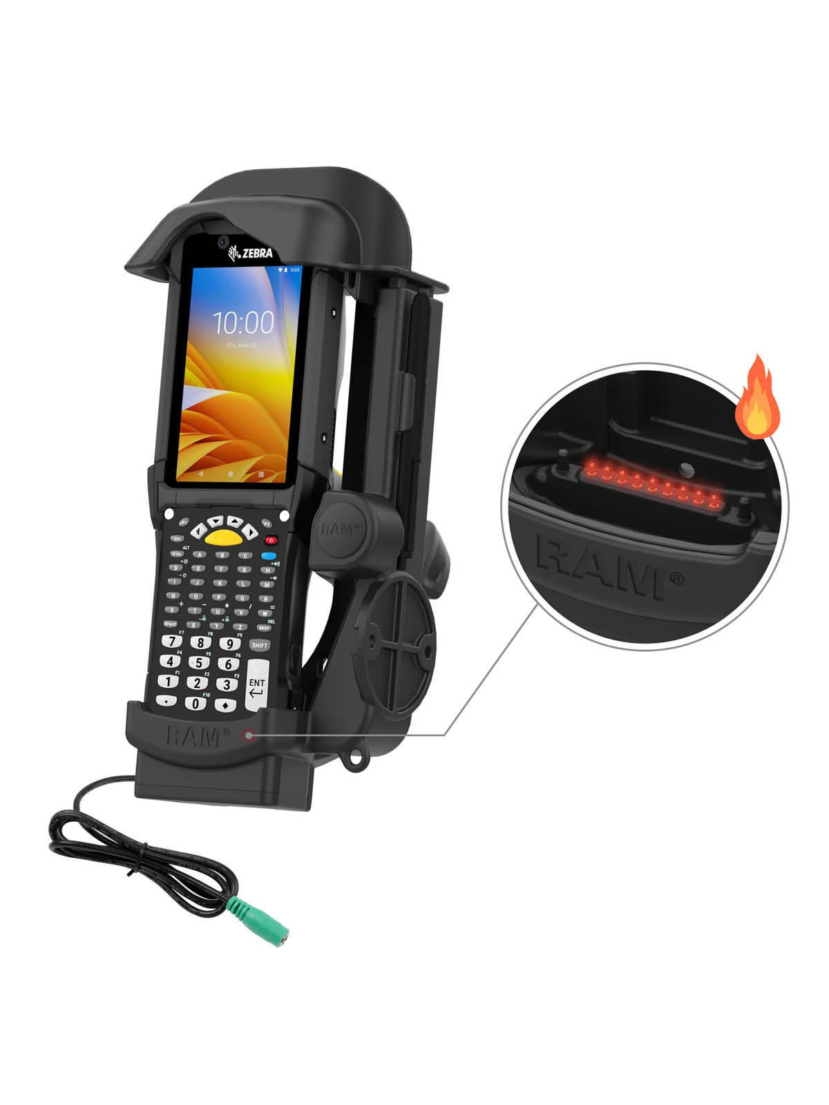 RAM Mounts Form-Fit Halteschale für Zebra MC9300 & MC9400 - mit & ohne Rugged Boot - Beheizte Pogo-Pins - 5.5mm DC-Anschluss