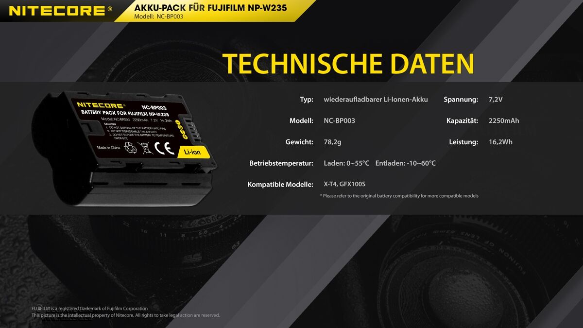 Nitecore NP-W235 Kamera Akku für Fujifilm
