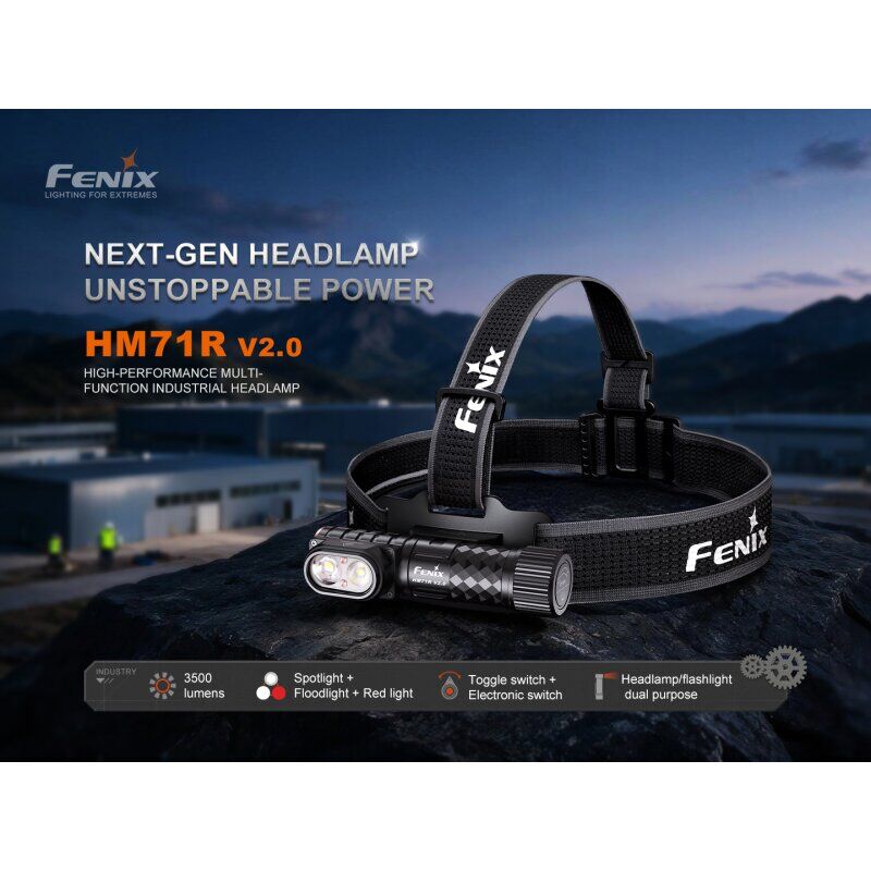 Die Fenix HM71R V2.0 LED Stirnlampe mit verstellbarem Kopfband liegt auf einem dunklen Felsen.