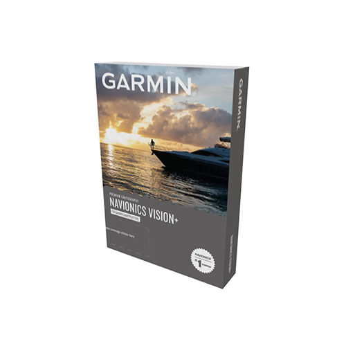 Produktverpackung der Garmin Navionics Vision+ Seekarten mit einem Motiv von Boot und Sonnenuntergang