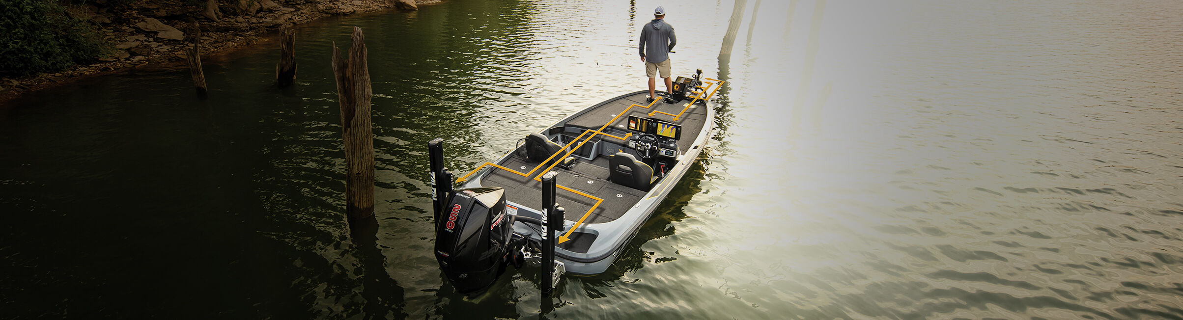 Ein Angler steht auf einem Boot im Wasser, während gelbe Linien die Integration von Minn Kota und Humminbird