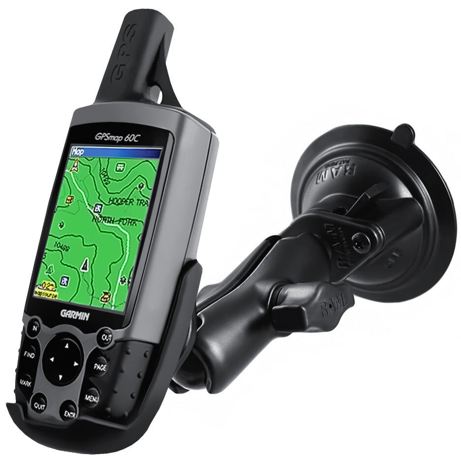 RAM Mounts Saugfuss-Halterung Garmin GPS 60er Serie - mittlerer Verbindungsarm, 2x Diamond-Basisplatte (Trapez), Halteschale, B-Kugel (1 Zoll), im Pol