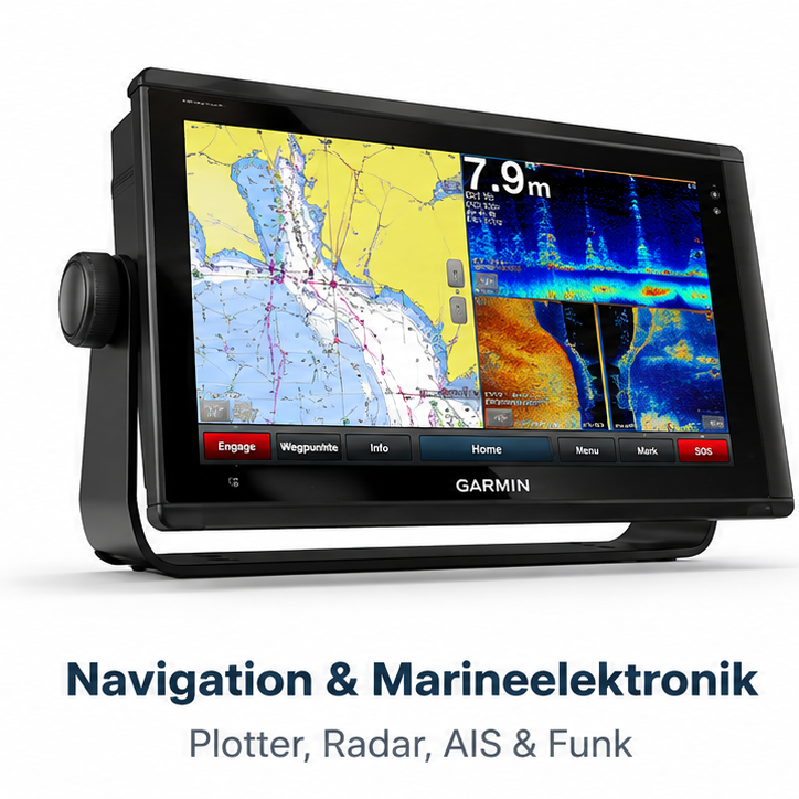 Garmin Kartenplotter mit Touchscreen zeigt Seekarte und Sonaransicht auf dem Display.