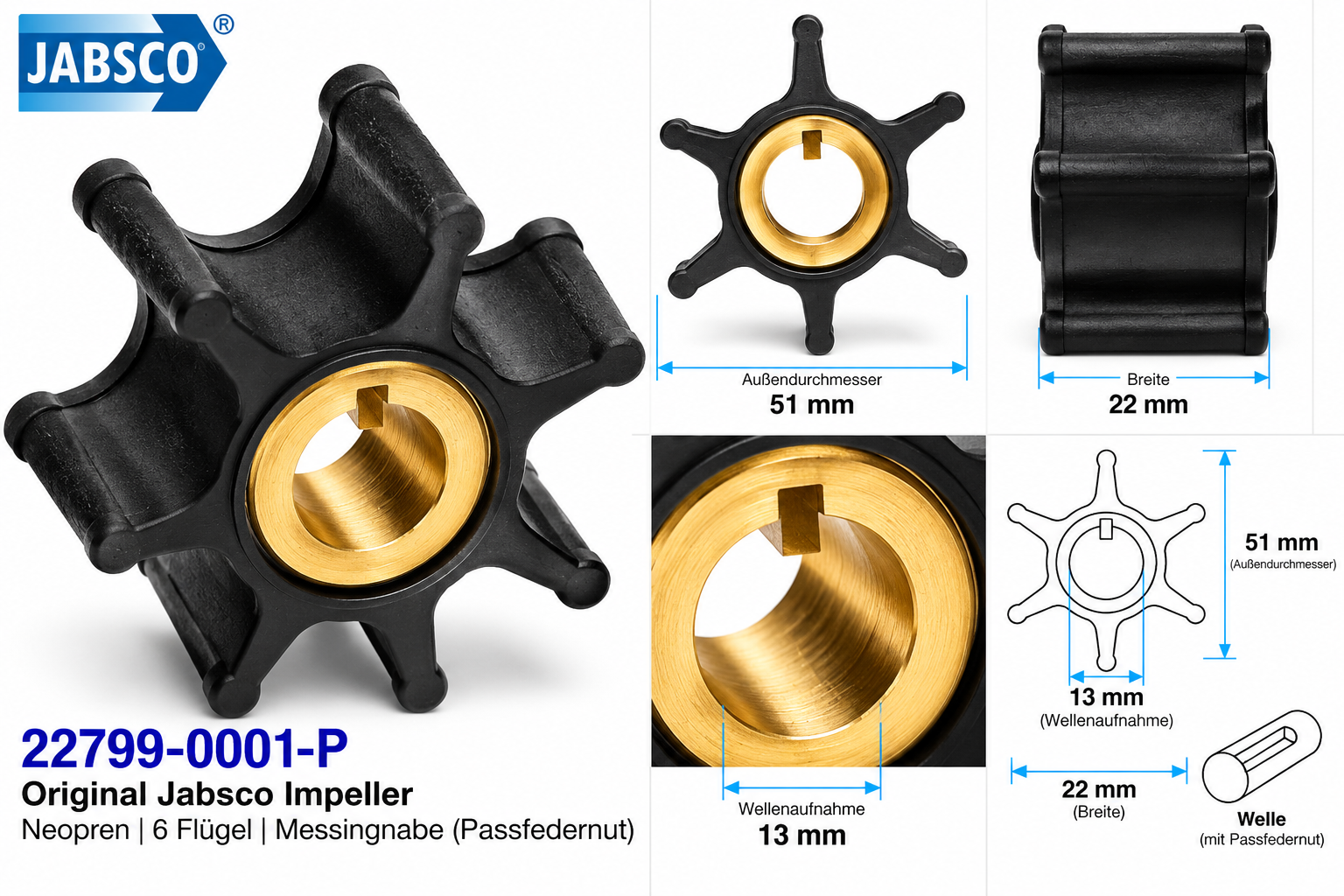 Jabsco Impeller-Kit Neopren/Ms 51mm, 6 Flügel in einer technischen Zeichnung mit Massen