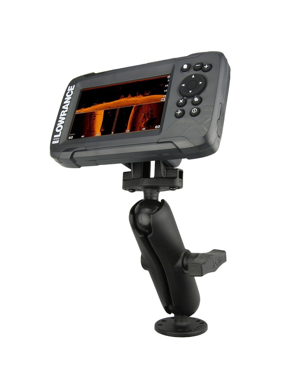 RAM Mounts Marine Aufbau-Set für Lowrance Hook² - mittlerer Verbindungsarm, runde Basisplatte (AMPS), C-Kugel (1,5 Zoll)