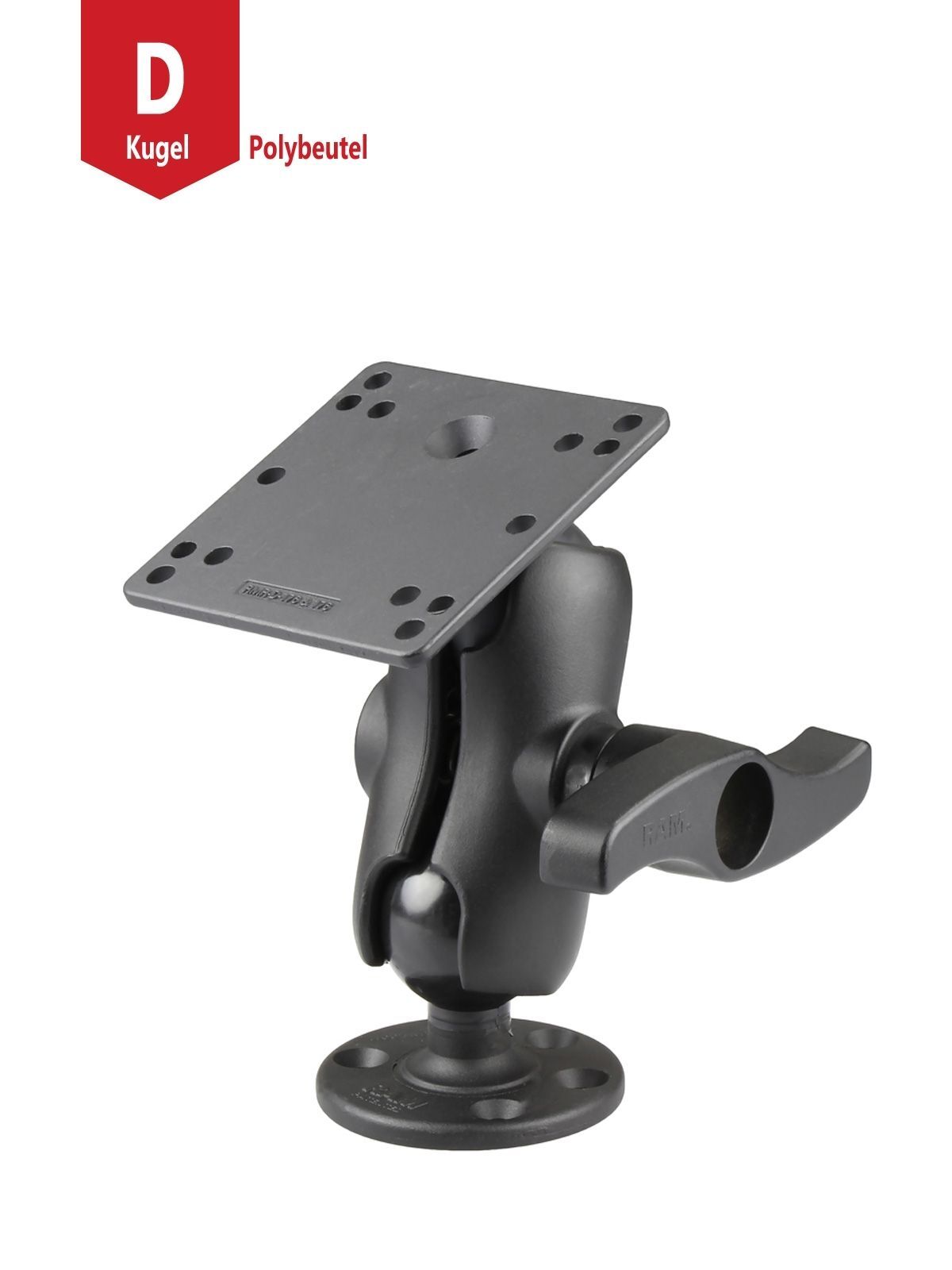 RAM Mounts Aufbau-Set - D-Kugel (2,25 Zoll), runde Basisplatte (93,5 mm Durchmesser), kurzer Verbindungsarm (großer Drehverschluss), VESA-Platte (75x75 u. 100x100 mm)