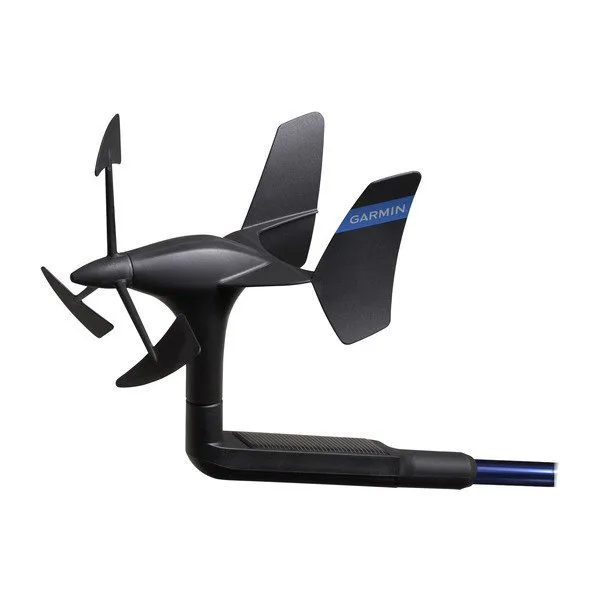 Schwarzer Garmin gWind 2 Wireless Windgeber mit dreiflügeligem Propeller und Heckfinne auf Halterung.