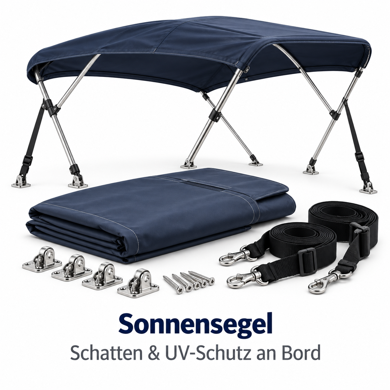 Dunkelblaues Biminiverdeck mit Gestänge, zusammengelegter Plane, Gurten und Montagematerial vor weißem Hintergrund
