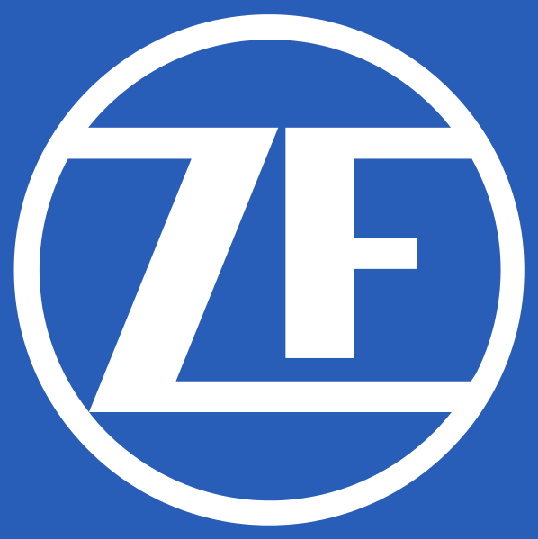 Das weiße ZF Markenlogo auf blauem Hintergrund zeigt die Buchstaben Z und F in einem Kreis.