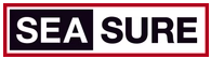 Das rote Markenlogo von Sea Sure mit dem Schriftzug in einem rechteckigen Rahmen.