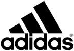 Schwarzes Logo der Marke adidas mit drei geneigten Streifen und dem Schriftzug.