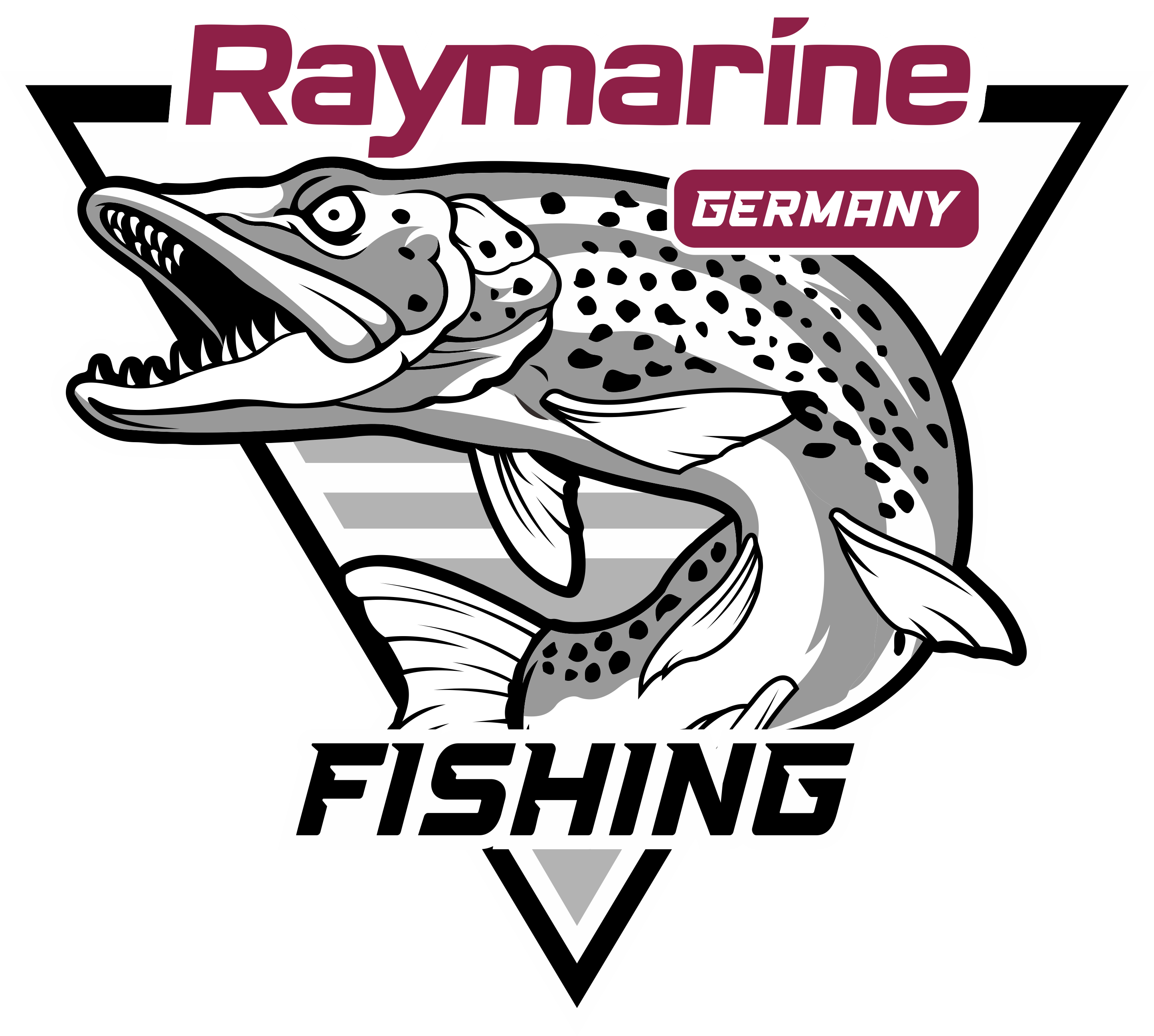 Raymarine Germany Fishing Logo mit einem stilisierten Hecht im Dreieck und Schriftzug