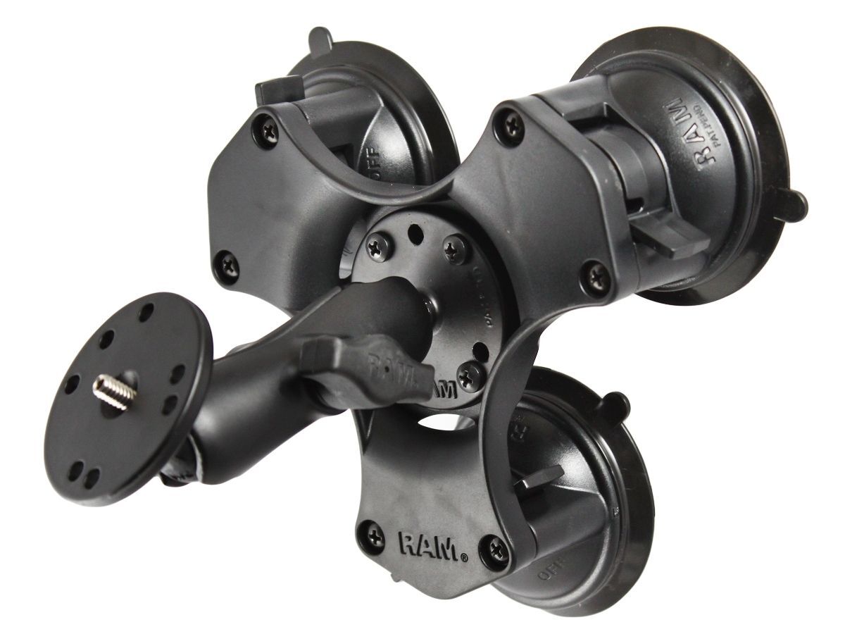 RAM Mounts Triple-Saugfuss-Halterung für Kameras - mittlerer Verbindungsarm, runde Basisplatte (AMPS), runde Basisplatte mit 1/4"-20 Gewindestift, B-K