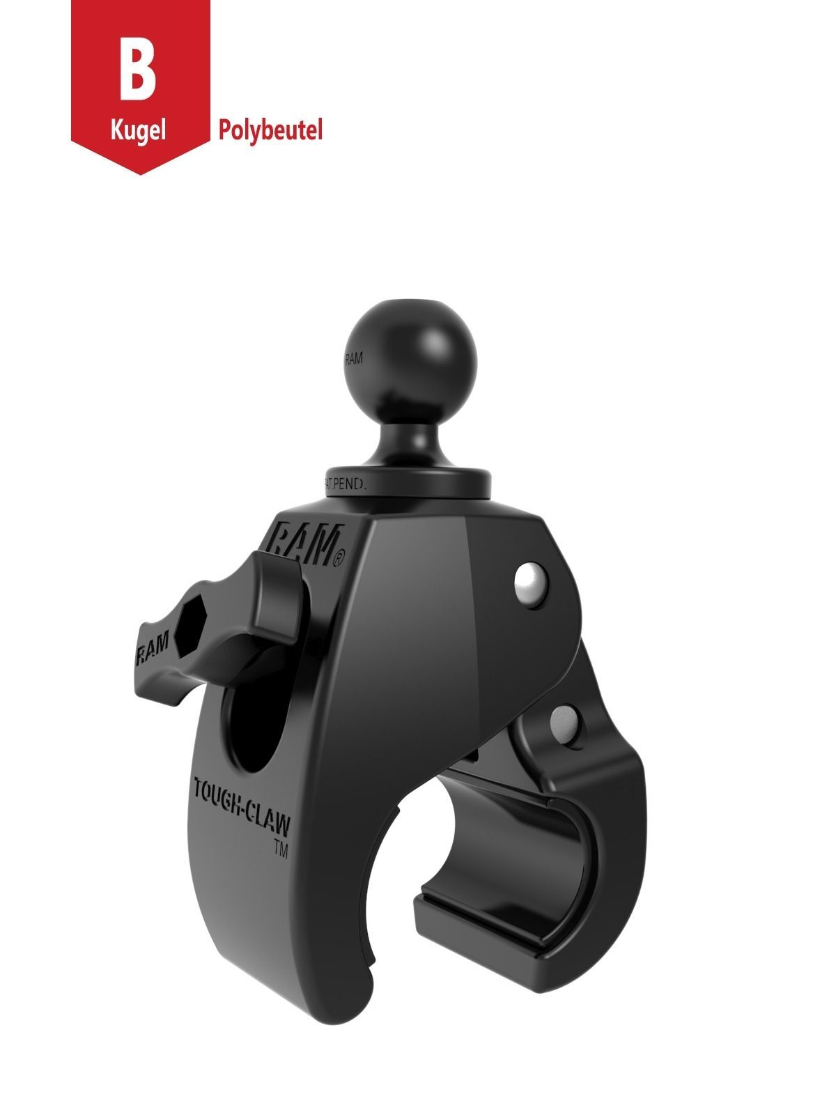 RAM Mounts Tough-Claw Halteklammer (mittel) mit Feststellschraube - B-Kugel (1 Zoll), Durchmesser 25,4-40,6 mm