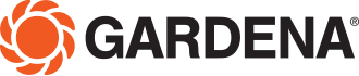 Das orange-schwarze Logo der Marke Gardena auf einem weißen Hintergrund.