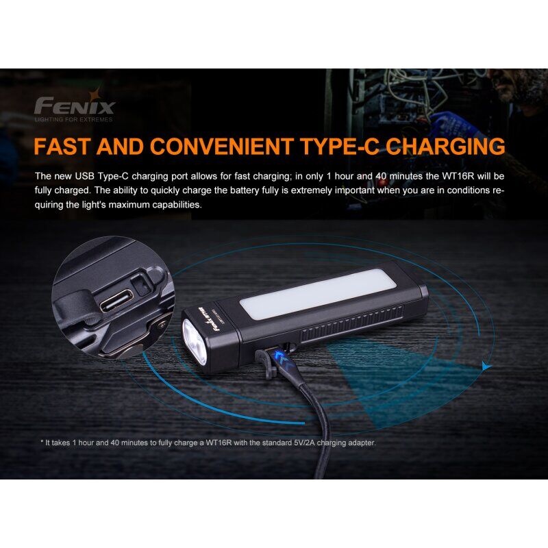 Die Fenix WT16R LED Taschenlampe wird über ein schnelles USB-C-Ladekabel aufgeladen.