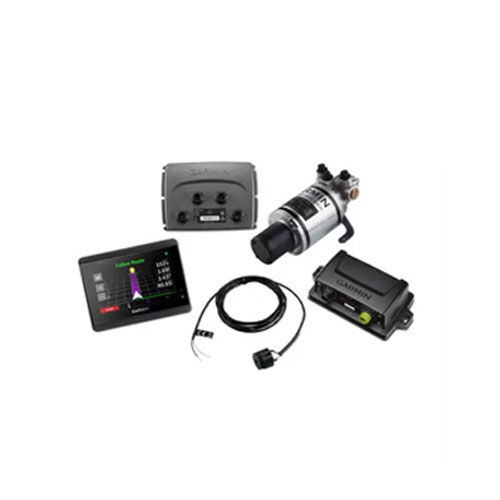 Garmin Autopilot System mit Display, Pumpe, Steuergeraet und Kabeln in einer Ansicht