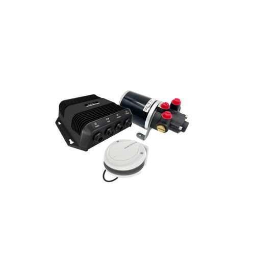 Komplettes Lowrance Autopilot System mit Steuereinheit, Pumpe und Bedienteil auf weißem Hintergrund