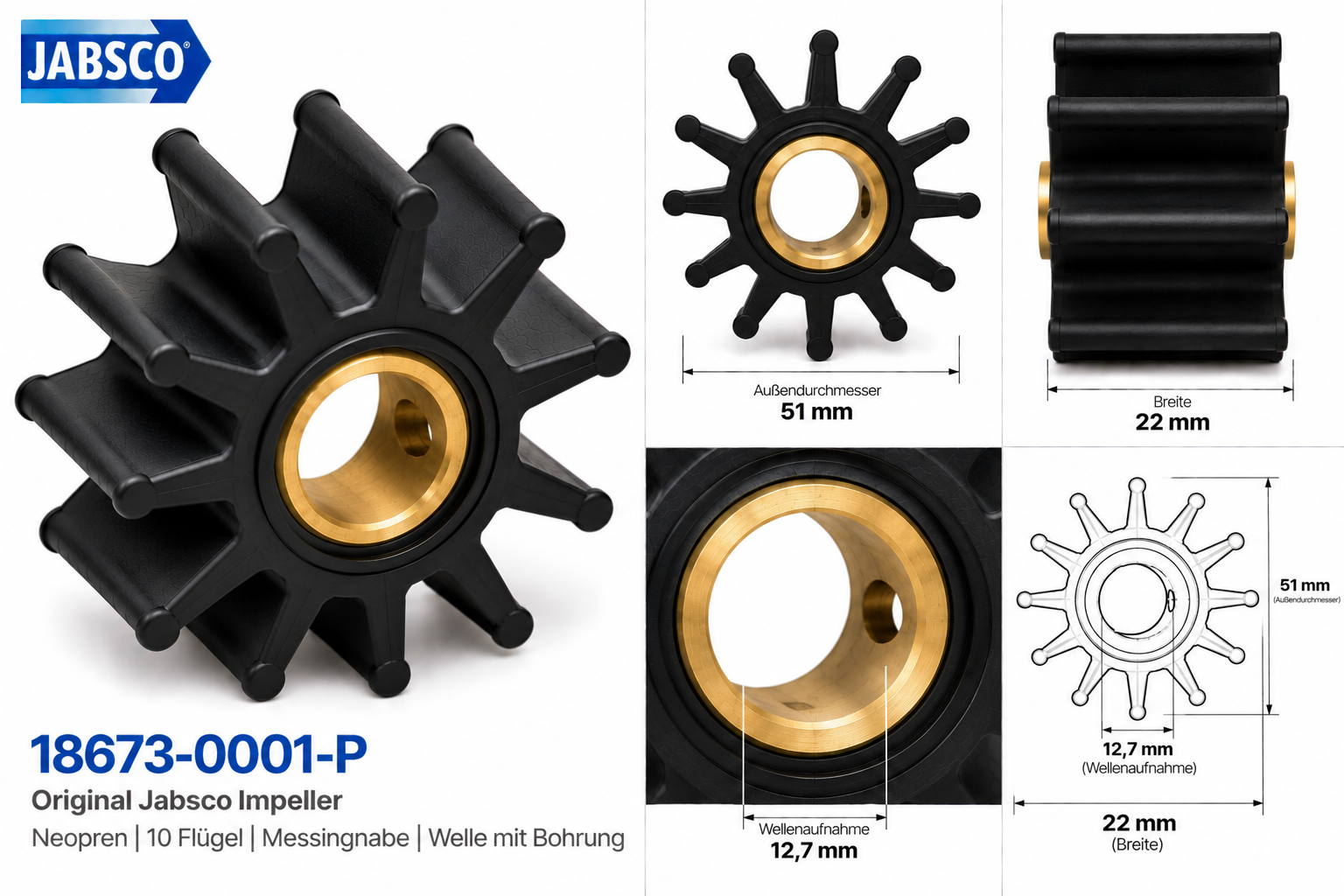 Zeichnung mit Maßen des Jabsco Impeller Neoprene mit 10 Flügeln und 51x22mm.