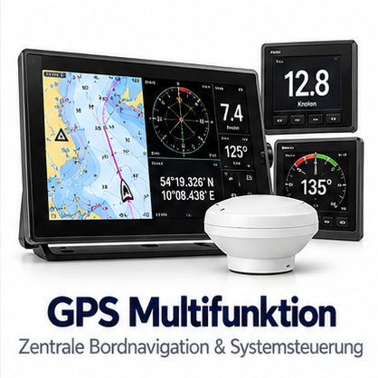 GPS Multifunktionsdisplay mit Seekarte, Navigationsdaten, kleiner Antenne und zwei Zusatzinstrumenten
