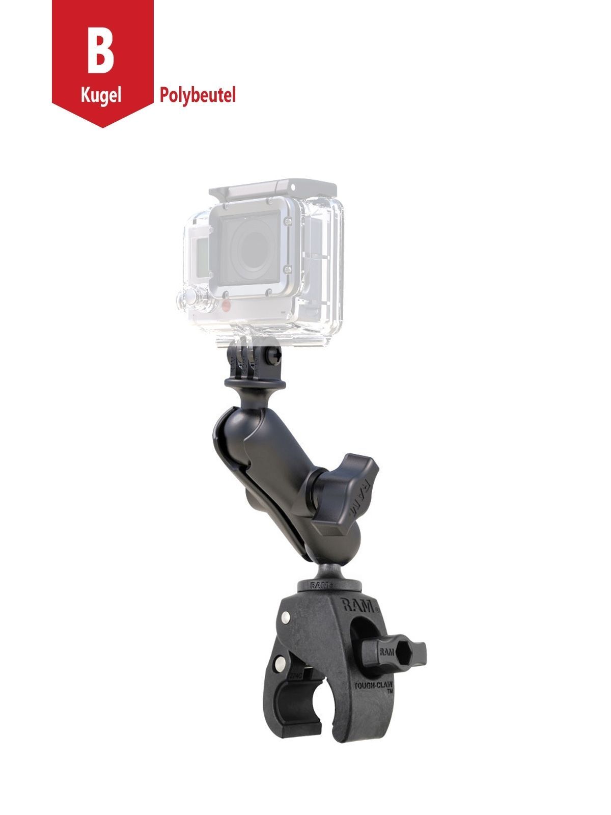 RAM Mounts Tough-Claw Kamerahalterung GoPro - B-Kugel (1 Zoll), Tough-Claw klein (Durchmesser 15,9-29,0 mm), mittlerer Verbindungsarm (ca. 90 mm)
