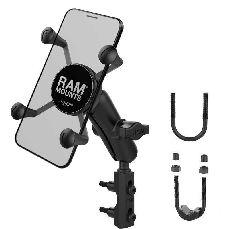 RAM Mounts X-Grip Motorrad-Halterung für Smartphones - Bis 82,55 mm Breite - Mittlerer Verbindungsarm - Basisbefestigung (Lenker/Bremse/Kupplung/Rohre - 12,7 mm - 31,75 mm Durchmesser) - B-Kugel (1 Zoll) - Schrauben-Set