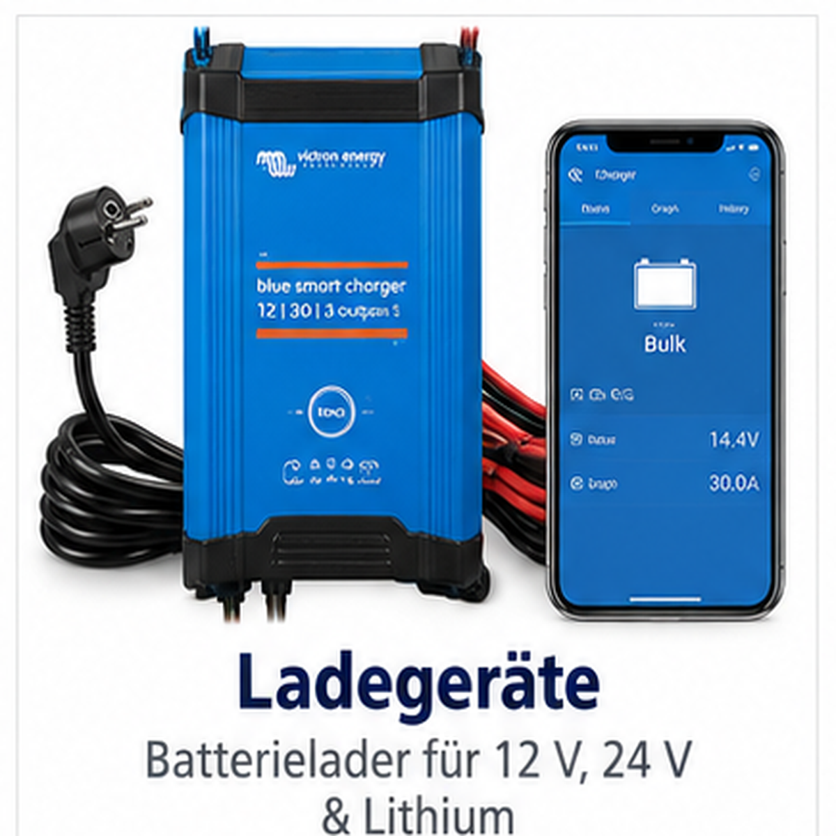 Victron Energy Blue Smart Charger Batterieladegerät in Blau neben einem Smartphone mit offener App