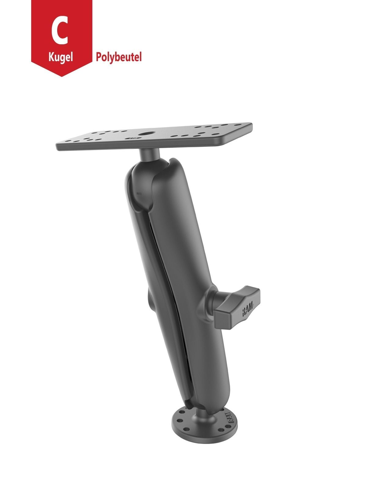 RAM Mounts Aufbau-Set - runde Basisplatte (AMPS), langer Verbindungsarm, Adapter-Platte (div. Lochraster), C-Kugel (1,5 Zoll), im Polybeutel
